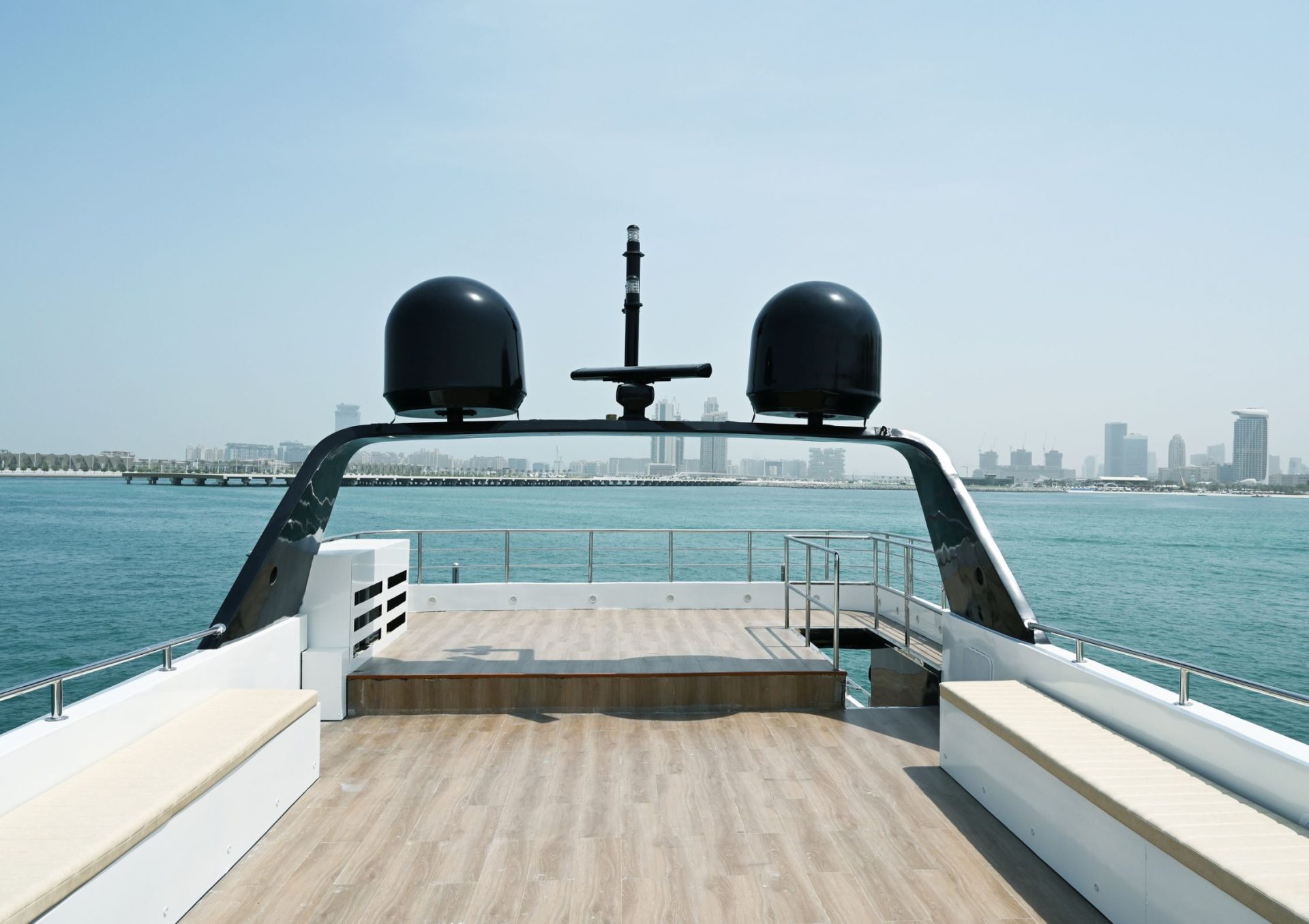 143ft luxury yacht with jacuzzi, sunbed, spacious flybridge sitting area, and dance floor in Dubai Marina