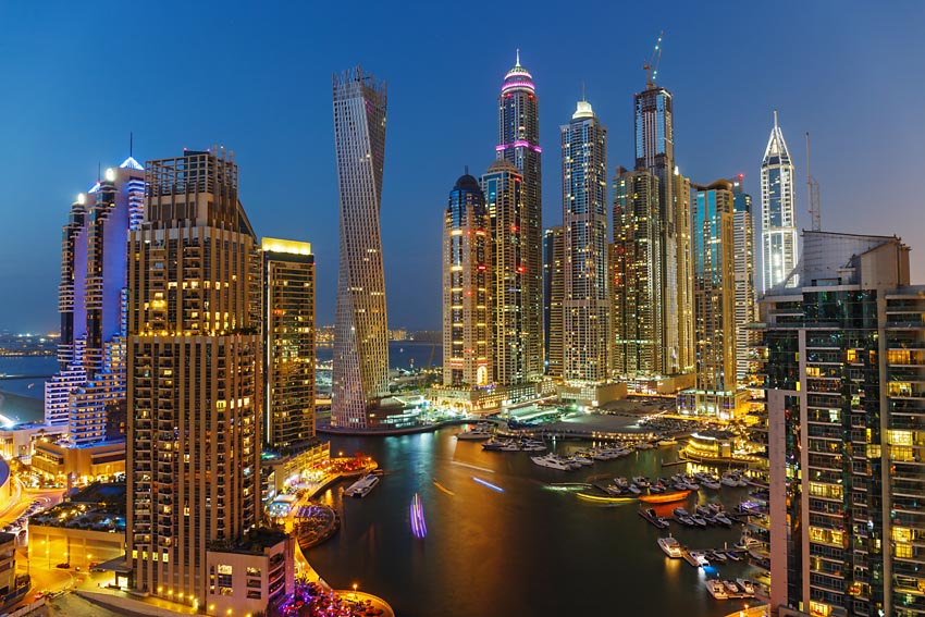 A view of Dubai Marina at Dusk from the top
