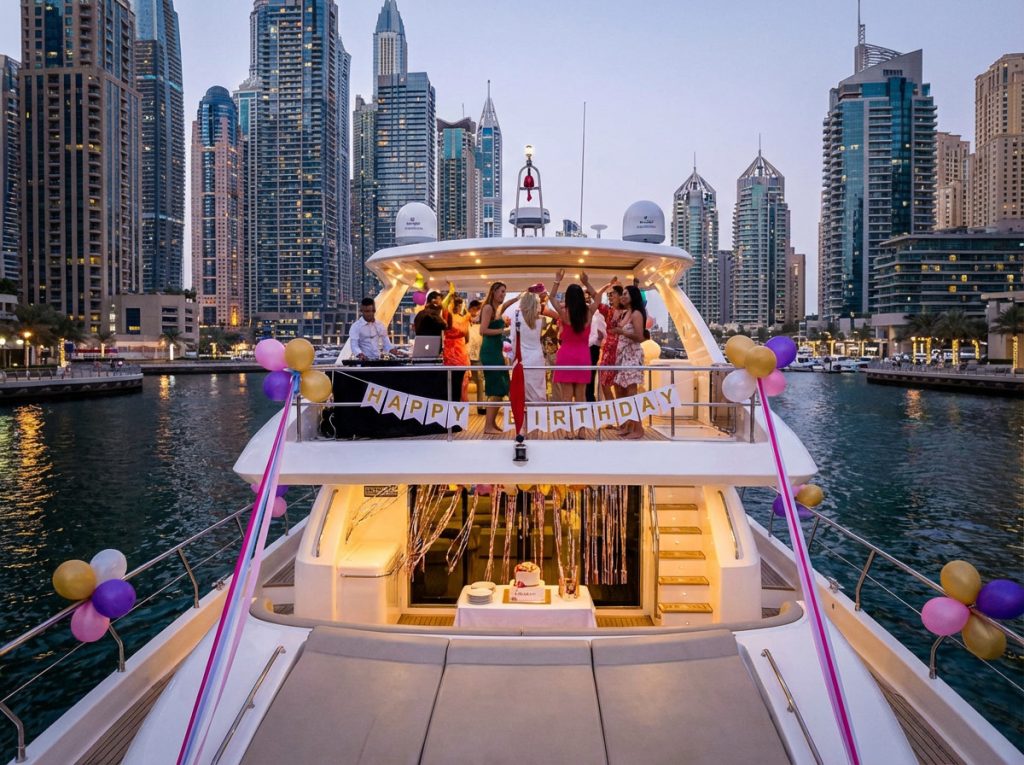 Firefly Gemini Flash Birthday yacht party cruise in dubai marina with decoration 112368