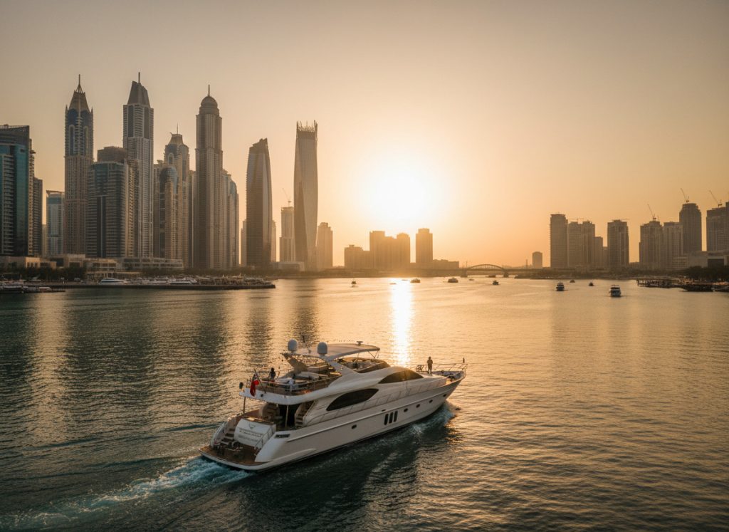 golden hour cruise in dubai marina on a luxury yacht